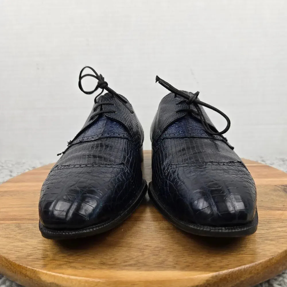 David Eden Mens 9 Navy Alligator Lizard Exotic Cap Toe Fashion Oxford Dress Shoe